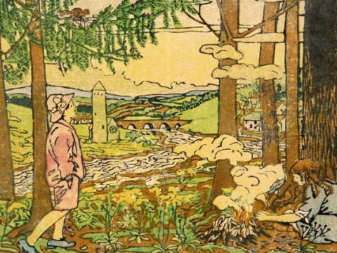 Irish School (20th Century), By the camp fire, hand coloured woodblock...
