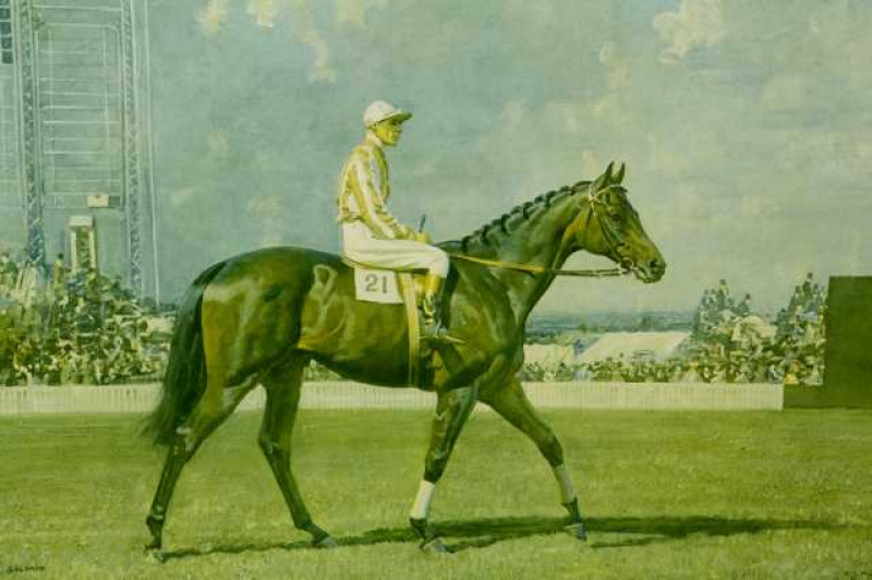 Sir Alfred Munnings (1878-1959), 'Solario', signed in pencil and numbered 33/40 within a blindstamp, Frost & Reed label verso, print, framed. 46cm by 51.5cm
