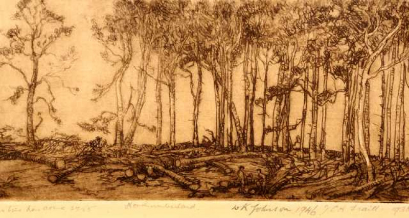 Jessie Constance Alicia Traill (Australian, 1881-1967) and W.K. Johnson, 'Their Time Has Come, Northumberland', signed WK Johnson 1946 and JCA Traill 1938, titled and numbered 24/25 in pencil, etching, framed. 12cm by 23cm  Note: Traill was born in Bright