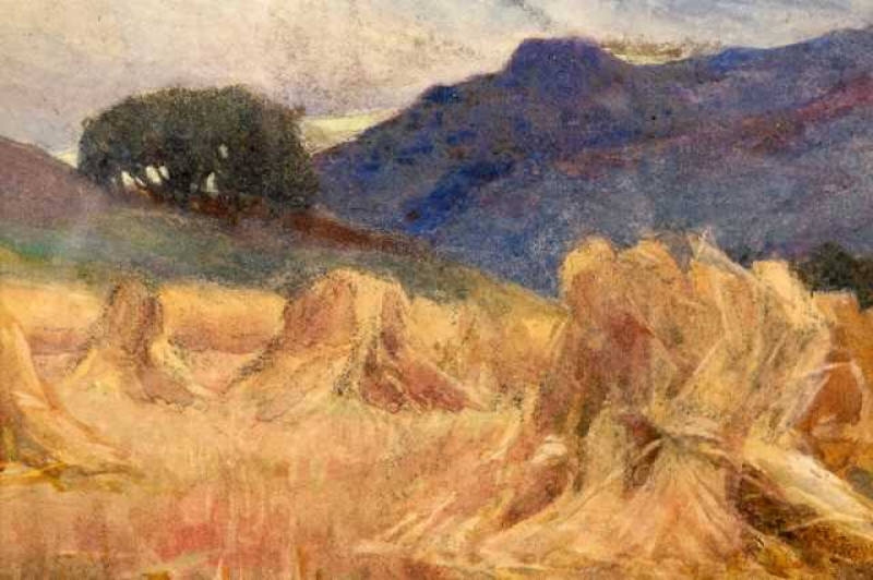 Louise Harding (19th/20th century), Hay stooks in a landscape, signed lower left, watercolour, framed. 22cm by 24.5cm