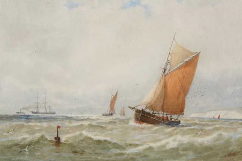 George Stansfield Walters (1838-1924), Coastal shipping, signed lower left, watercolour, framed. 24cm by 34cm