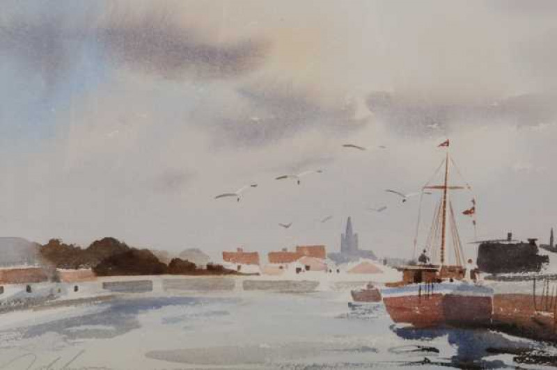 John Frederick Lawrence (British, 20th century), Harbour scene, signed lower left, watercolour, framed. 27.5cm by 36.5cm