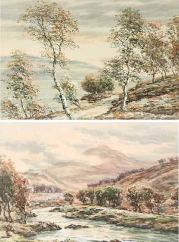 John Hamilton Glass (1820-1885), Collecting wood by a river and Trees on a hillside, a pair, each signed, watercolour with white, framed. Each approximately 27.5cm by 38cm