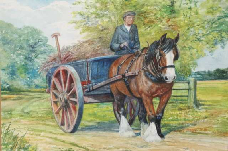 Dorothy Margaret & Elizabeth Mary Alderson (1900-1992) (1900-1988), Horse pulling a haycart, signed and dated 1980 lower right, watercolour, framed. 26.5cm by 35cm