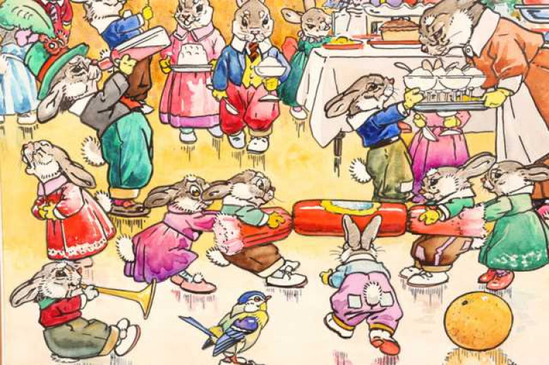 Harry Rowntree (1878-1950), Rabbits Christmas party, signed lower right, watercolour, framed. 25cm by 35cm