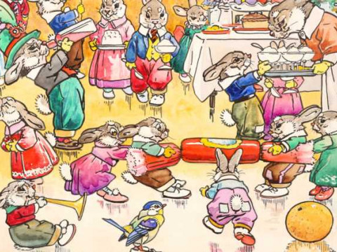 Harry Rowntree (1878-1950), Rabbits Christmas party, signed lower right,...