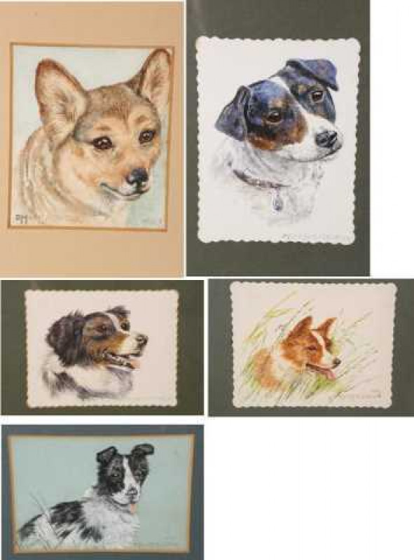 Dorothy Margaret & Elizabeth Mary Alderson (1900-1992) (1900-1988), Studies of dogs, collection of five, each signed and dated, watercolour, framed. (5) Largest 8.5cm by 13cm