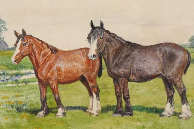 Dorothy Margaret & Elizabeth Mary Alderson (1900-1992) (1900-1988), Two horses in a meadow, signed and dated 1967 lower right, watercolour, framed. 17.5cm by 22.5cm
