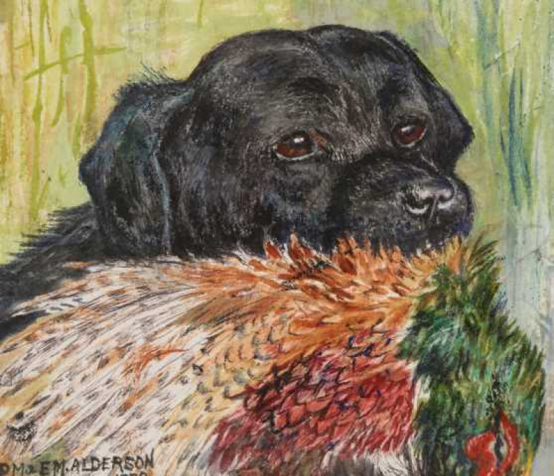 Dorothy Margaret & Elizabeth Mary Alderson (1900-1992) (1900-1988), Gun dog and pheasant, signed and dated 1980 lower left, watercolour, framed. 19cm by 17.5cm