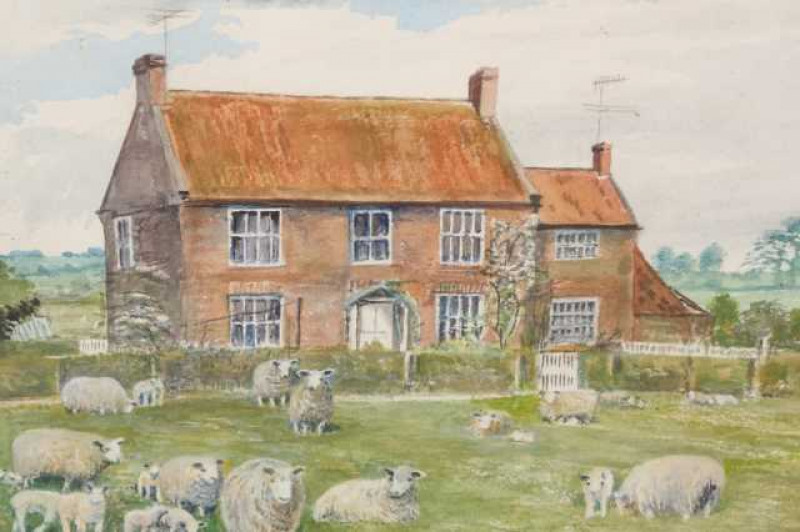 Dorothy Margaret & Elizabeth Mary Alderson (1900-1992) (1900-1988), 'Girsby Greens', sheep in a field before a cottage, signed and dated 1957 lower right, watercolour, framed. 19cm by 28.5cm