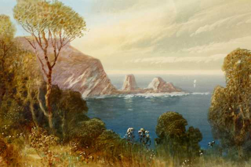 John Shapland (1865-1929), Anstey's Cove, Torquay, signed lower right, old gallery label verso, watercolour, framed. 27cm by 46cm