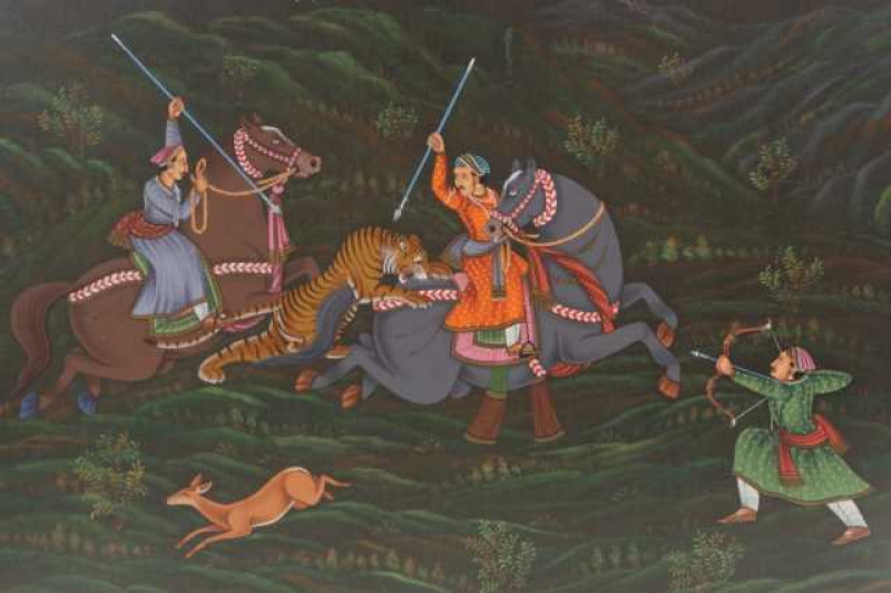 Indian School, Hunting scene and Portrait of a Mughal Emperor, gouache, framed. (2) Second 77cm by 48cm
