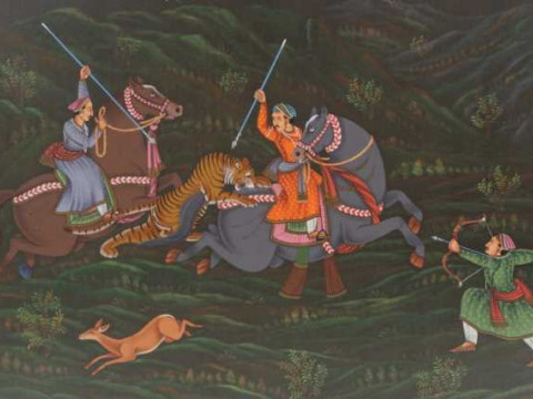 Indian School, Hunting scene and Portrait of a Mughal Emperor, gouache,...