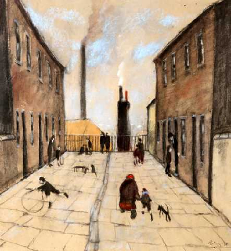Harold Riley (b.1934), James Henry Street, Salford, signed and dated 68, charcoal and pastel, framed. 60cm by 60cm  Provenance:  Sotheby's, Olympia, 20th Century British and Irish Art, 16th February 2006, lot 146 The Solomon Gallery, London  Artists Resal