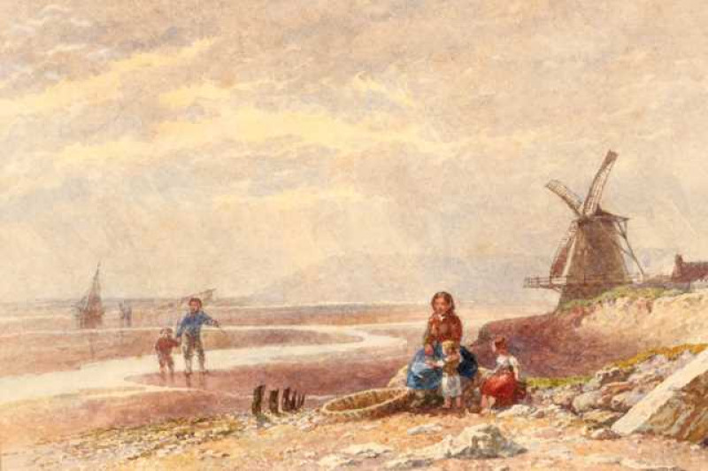 George Haydock Dodgson (1811-1880), Figures on beach with a windmill beyond, signed and dated 60 lower left, watercolour, framed. 22cm by 33.5cm