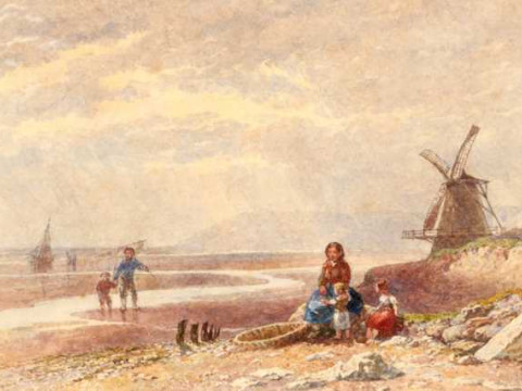 George Haydock Dodgson (1811-1880), Figures on beach with a windmill beyond,...