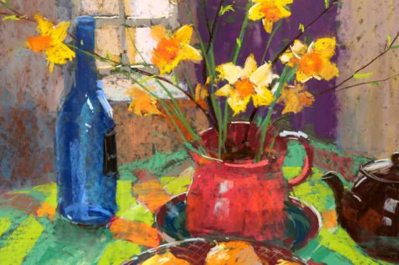 David Allen (b.1945), Daffodils in a Red Jug, signed and dated (19)98 lower left, pastel, framed. 36.5cm by 54cm