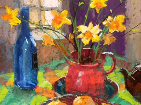 David Allen (b.1945), Daffodils in a Red Jug, signed and dated (19)98...