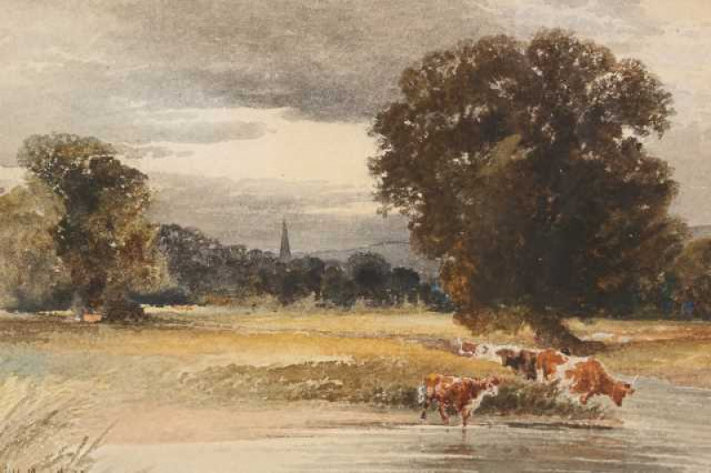 William Henry Pigott (c.1810-1901), Cattle by a river, signed and dated 73 lower left, watercolour, framed. 18cm by 26.5cm