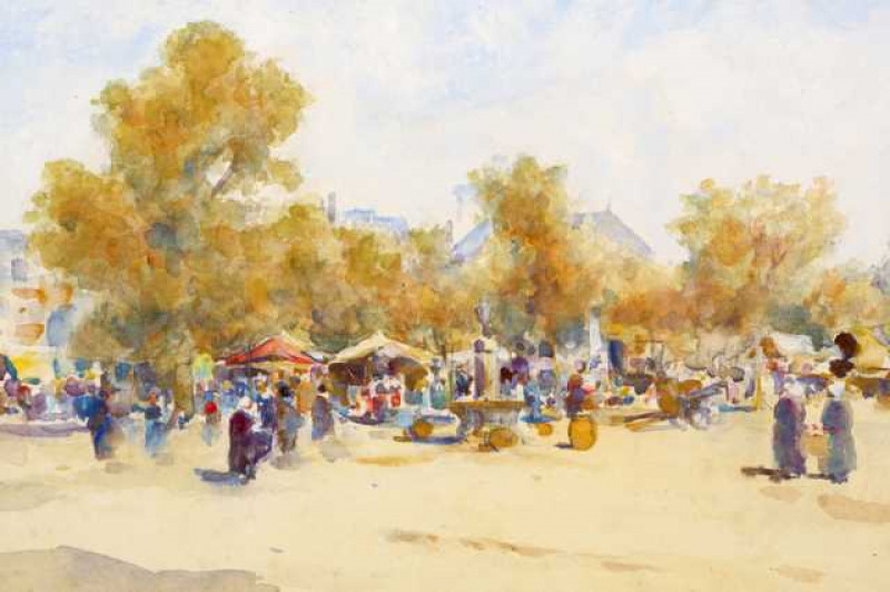 Harry E. James, Market scene, signed lower left, watercolour, framed. 19cm by 27cm