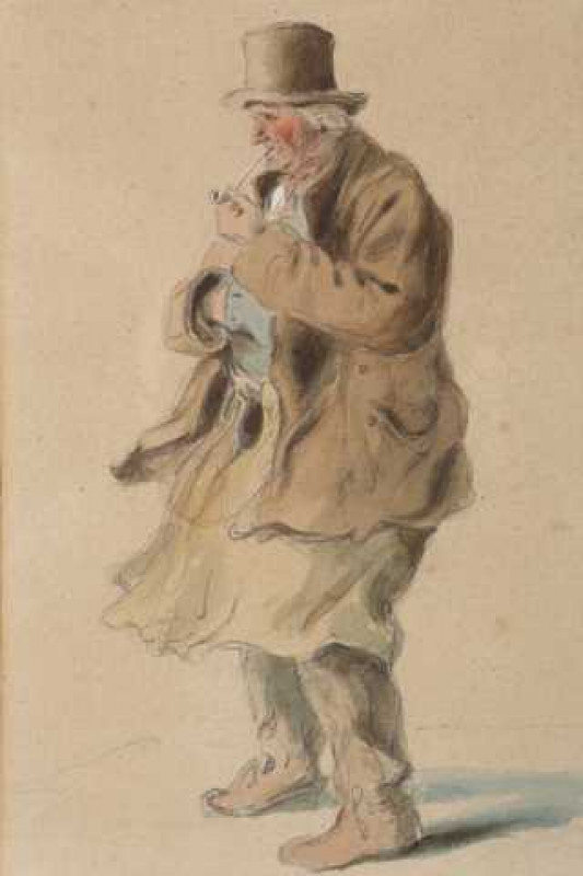 Attributed to Henry Perlee Parker (1795-1873), Portrait of an old man with a clay pipe, apparently inscribed verso, watercolour, framed. 31.5cm by 20.5cm