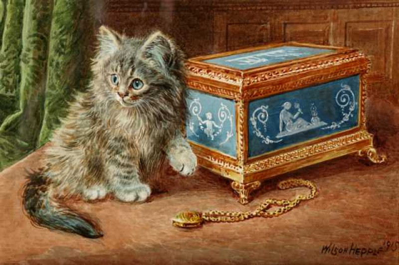 Wilson Hepple (1854-1937), Kitten beside a jewellery casket, signed and dated 1915 lower right, watercolour, framed. 27cm by 35.5cm