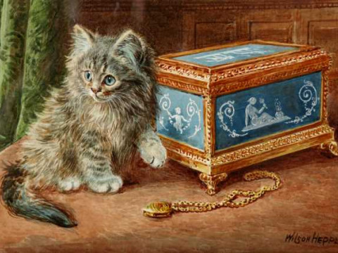 Wilson Hepple (1854-1937), Kitten beside a jewellery casket, signed and...