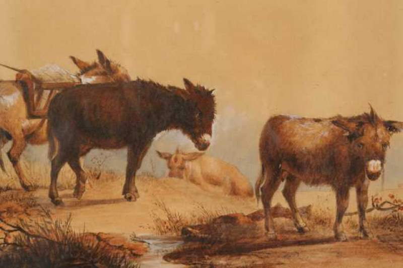 English School (19th Century), Donkeys on a hill top, watercolour, framed. 26cm by 31.5cm