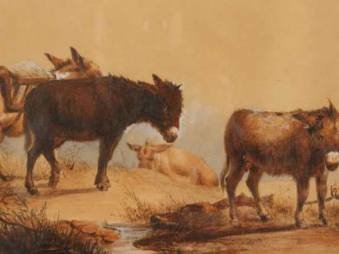 English School (19th Century), Donkeys on a hill top, watercolour, framed....