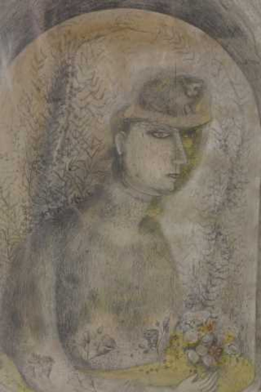 Expressionist School, Lady with cat on her hat, watercolour and pencil, framed. 39cm by 29cm
