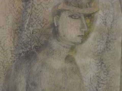 Expressionist School, Lady with cat on her hat, watercolour and pencil,...