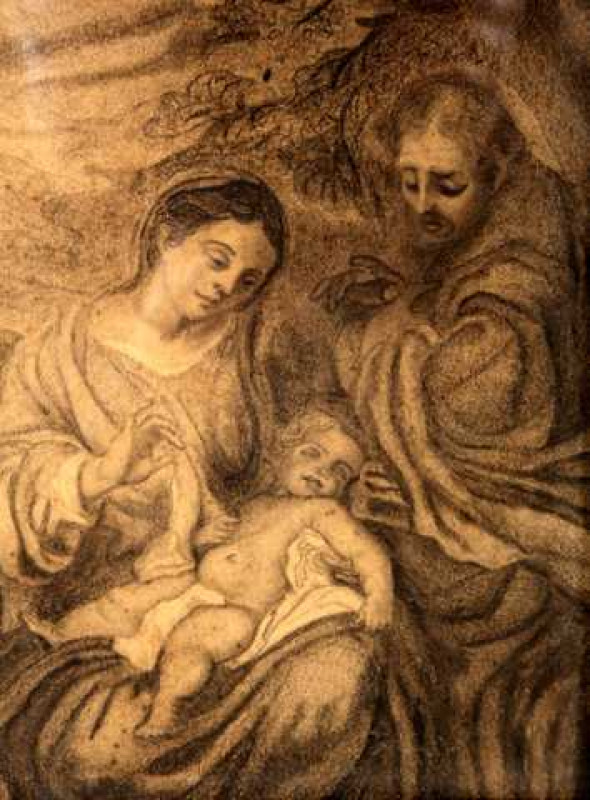 18th Century School, Mary, Joseph and infant, pencil and wash, framed. 21.5cm by 18cm