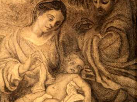 18th Century School, Mary, Joseph and infant, pencil and wash, framed....