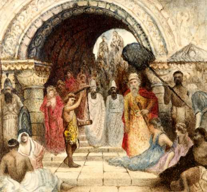 Manner of David Roberts (1796-1864), 'David Playing Before Saul', watercolour, framed. 10cm by 11cm