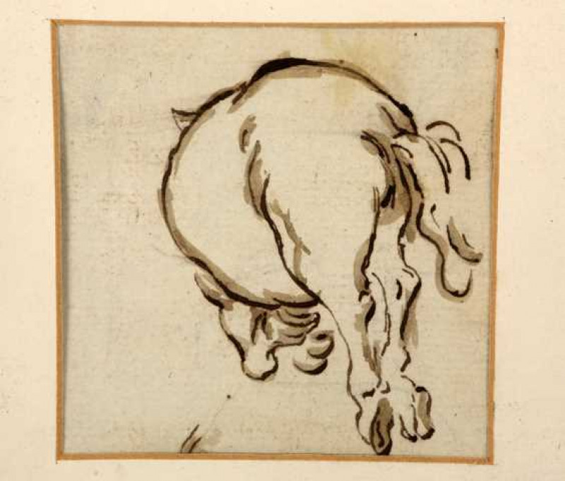 Study of a horse, possibly 17th or 18th century, pen/ink and wash, framed. 6.5cm by 6.5cm