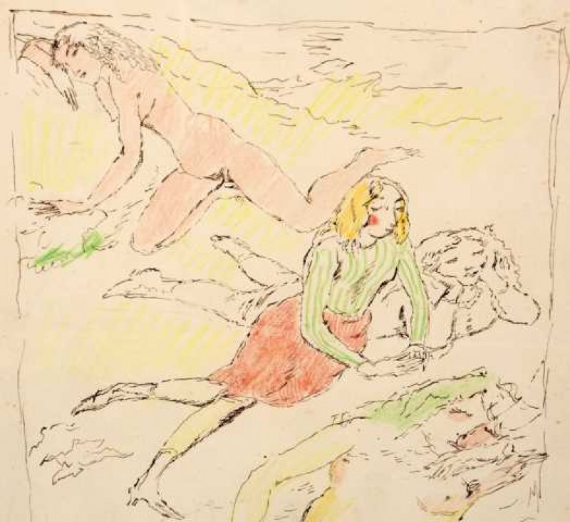 Modern British, Study of four girls, pen/ink and watercolour, framed. 16.5cm by 17cm
