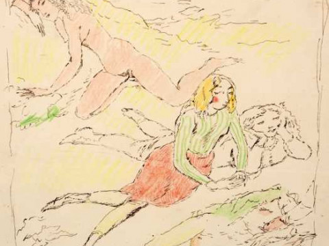 Modern British, Study of four girls, pen/ink and watercolour, framed....