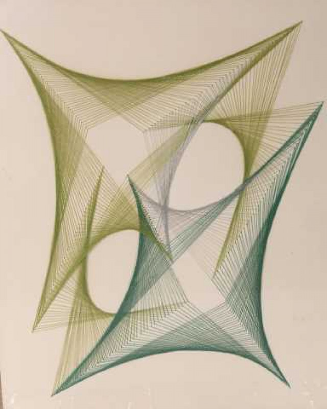 J*** Cohen, Abstract, green and silver thread, signed in pencil, framed. 40.5cm by 33cm