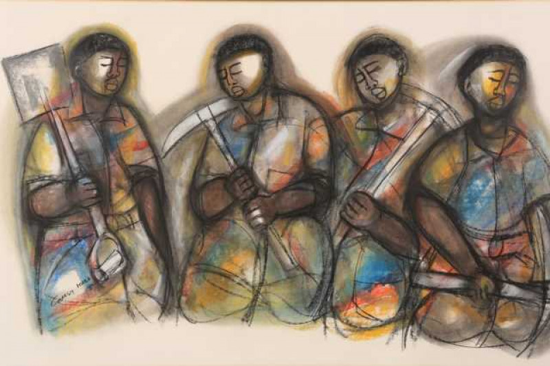 Godfrey Ndaba (South African, b.1947), Four miners, signed and dated 80 lower left, pastel, framed. 58cm by 99cm