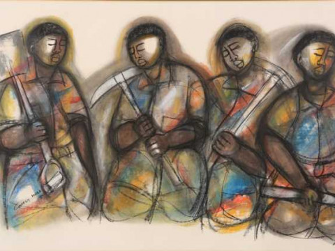 Godfrey Ndaba (South African, b.1947), Four miners, signed and dated 80...