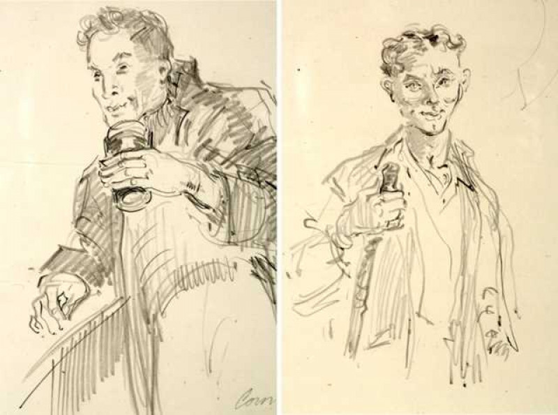 Attributed to Norman Stansfield Cornish (b.1919), a pair of portrait sketches, one bears signature lower right, pencil, framed. 24cm by 18cm