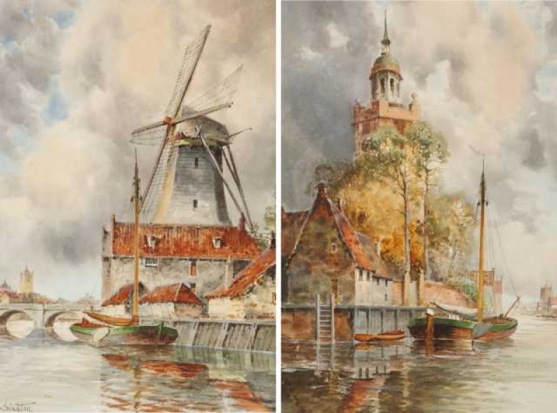 Louis Van Staaten (Dutch, 1836-1909), Windmill by a canal and a canal scene, two watercolours, signed, framed. Largest 40cm by 30cm