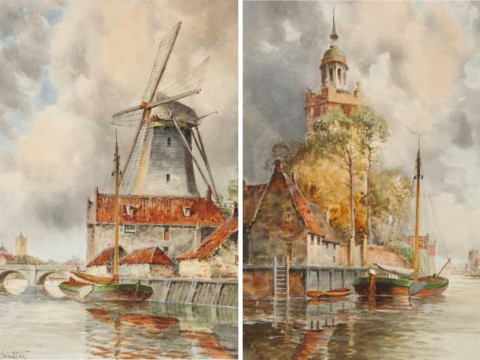 Louis Van Staaten (Dutch, 1836-1909), Windmill by a canal and a canal...