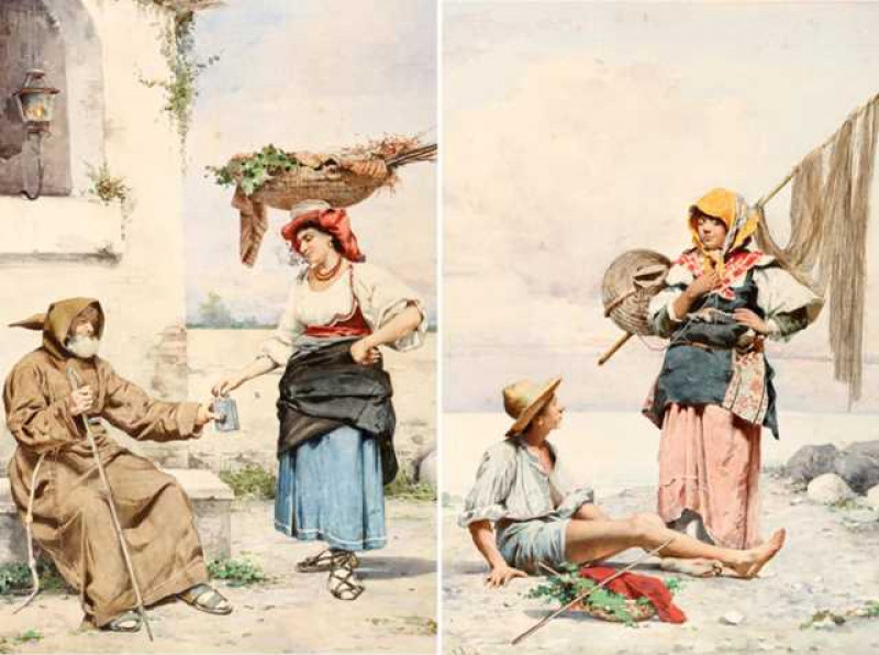 Guerrino Guardabassi (Italian, 1841-1893), Figures on the shore and Woman carrying a basket on her head, the first signed G. Guardabassi, the second G. Guardabassi Roma, watercolours, unframed. Larger 56cm by 39cm