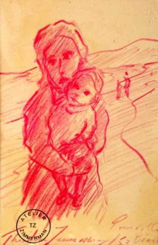 Theodore Zimmerman (b.1937), Mother and child on Pourville Beach, France, signed, dated 53 and titled Pourville Beach, Atelier Zimmerman stamp lower left, red crayon sketch, framed. 16.5cm by 11.5cm