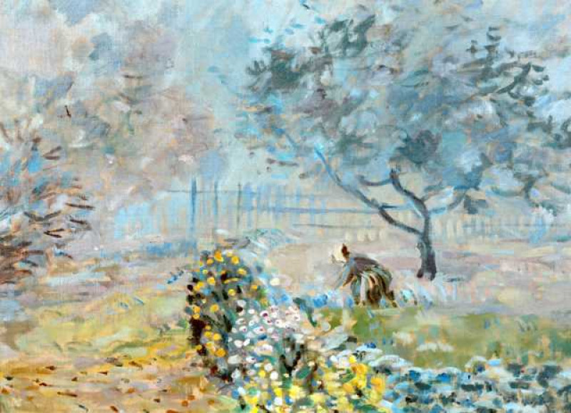 Nata Nova (b.1955) after Alfred Sisley (1839-1899), Woman in a garden, signed, dated 2006 and inscribed verso, oil on linen laid on board, framed. 49.5cm by 60cm