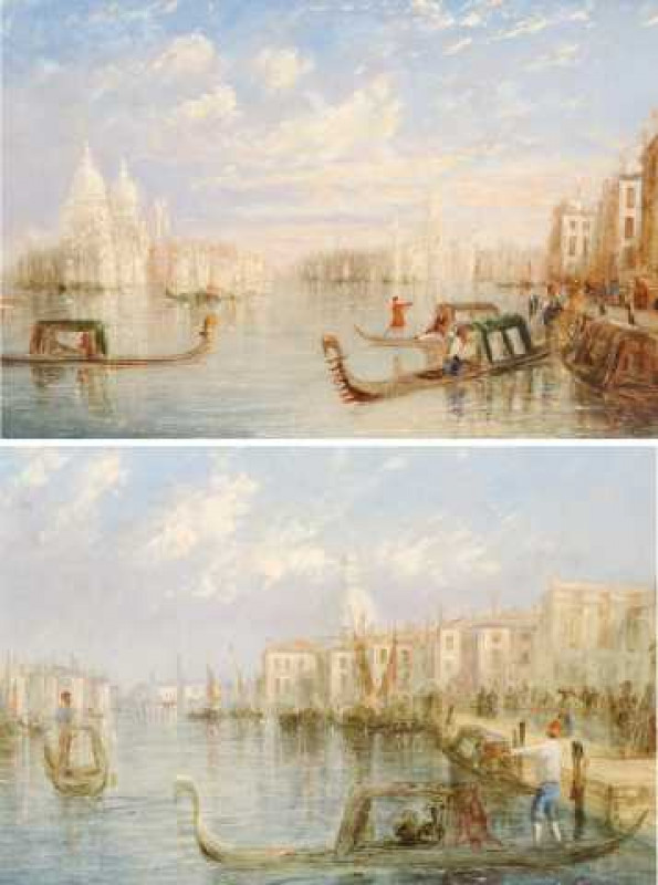 Continental School (19th Century), On the Venetian lagoon, a pair, unsigned, oils on canvas, framed. 29cm by 49cm