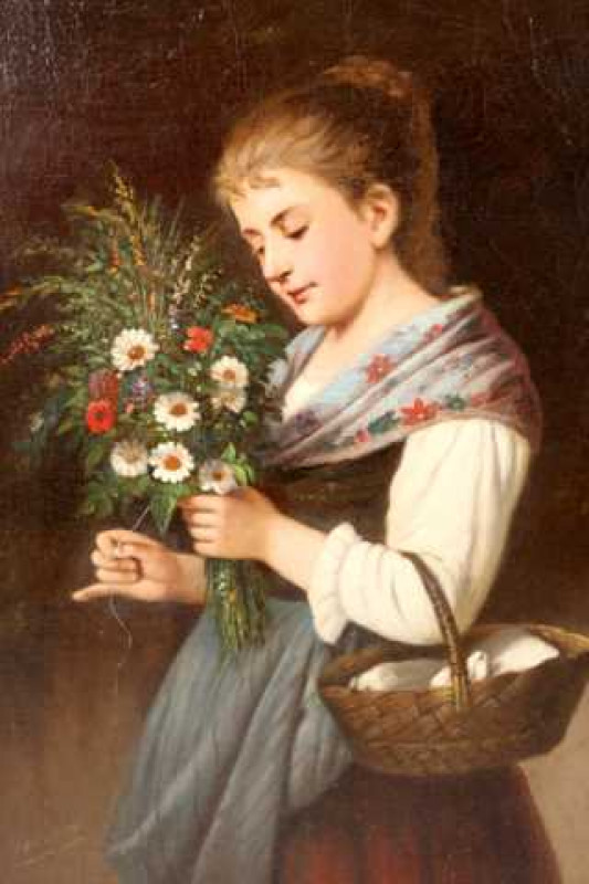 Auguste Francois Marie Gorguet (French, 1862-1927), Flower girl, signed lower left, oil on canvas, in a gilt composition frame. 43.5cm by 36cm
