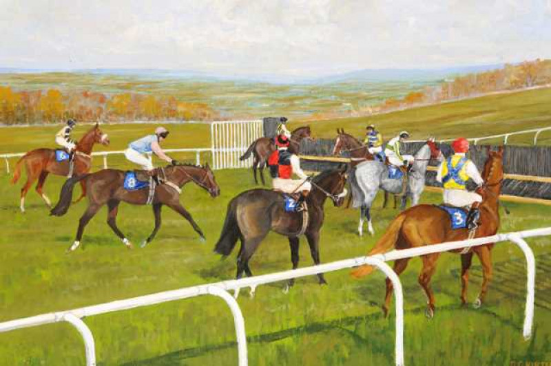 Dennis Campbell Kirtley (1924-2011), Exploration and Explosion, a pair of horse racing scenes, probably at Hexham, each signed and dated 1999, oil on canvas board, framed. 39.5cm by 49.5cm