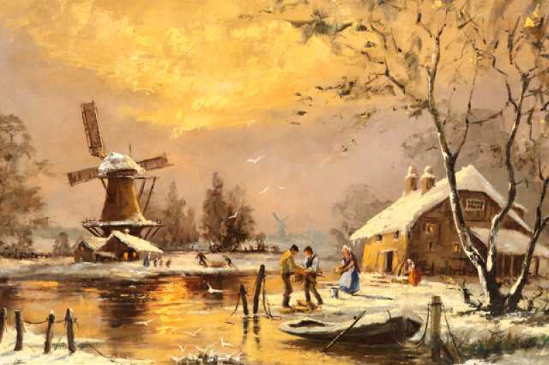 Barbara Gudrun Simmons (German, b.1925), Collecting wood at dusk in a Winter landscape, signed lower right, oil on board, framed. 39cm by 49cm